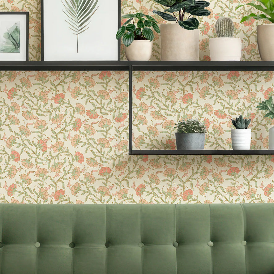Boho Tendrils Wallpaper in Peach and Green