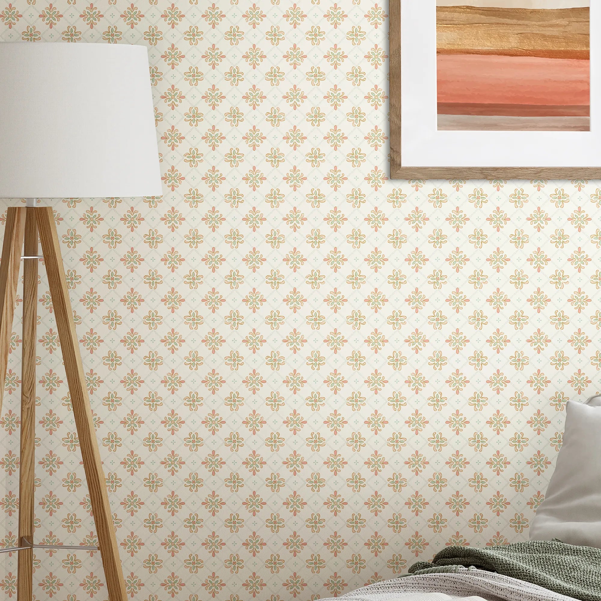 Boho Tile Wallpaper in Peach and Green