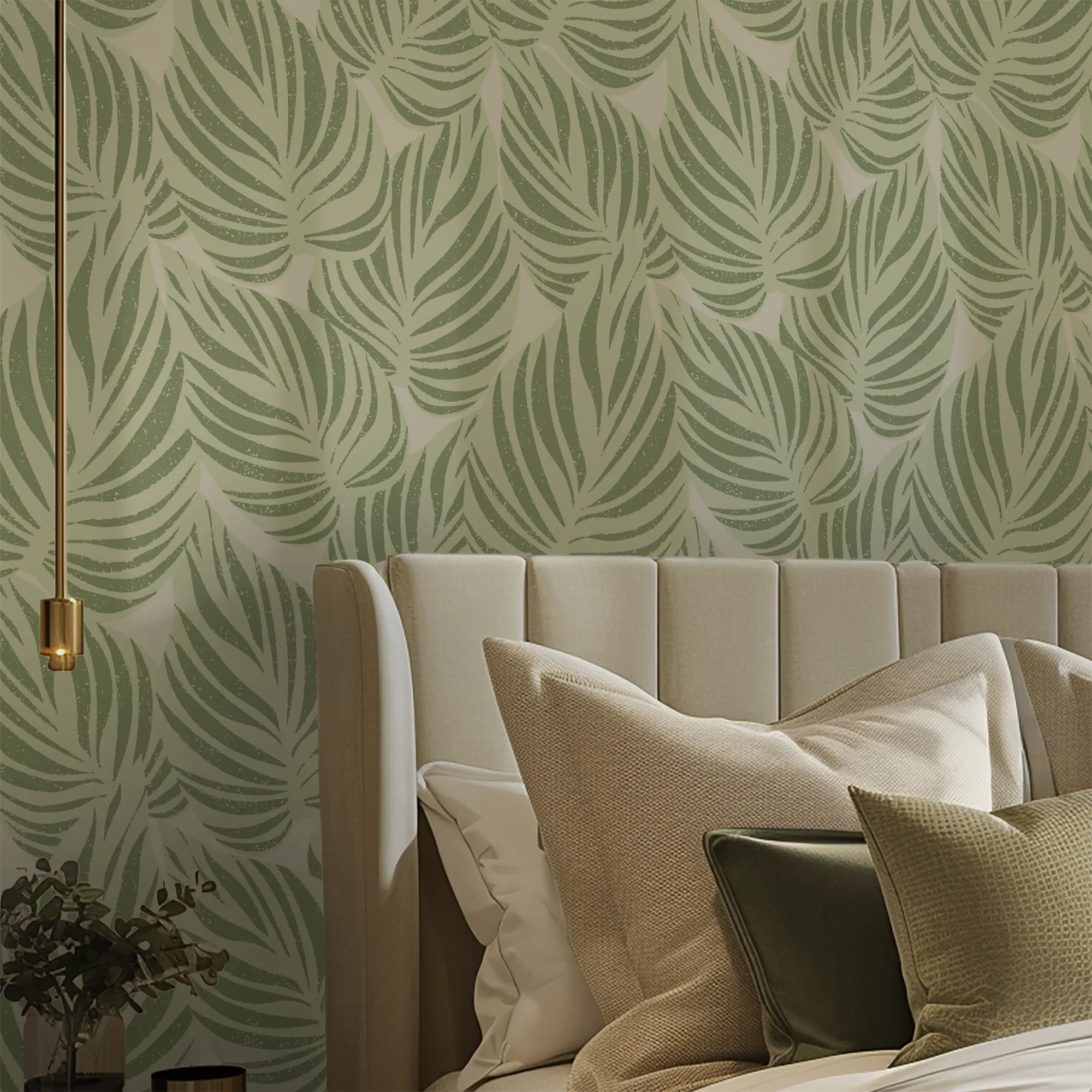 Broad Leaf Wallpaper in Pistachio on Cream
