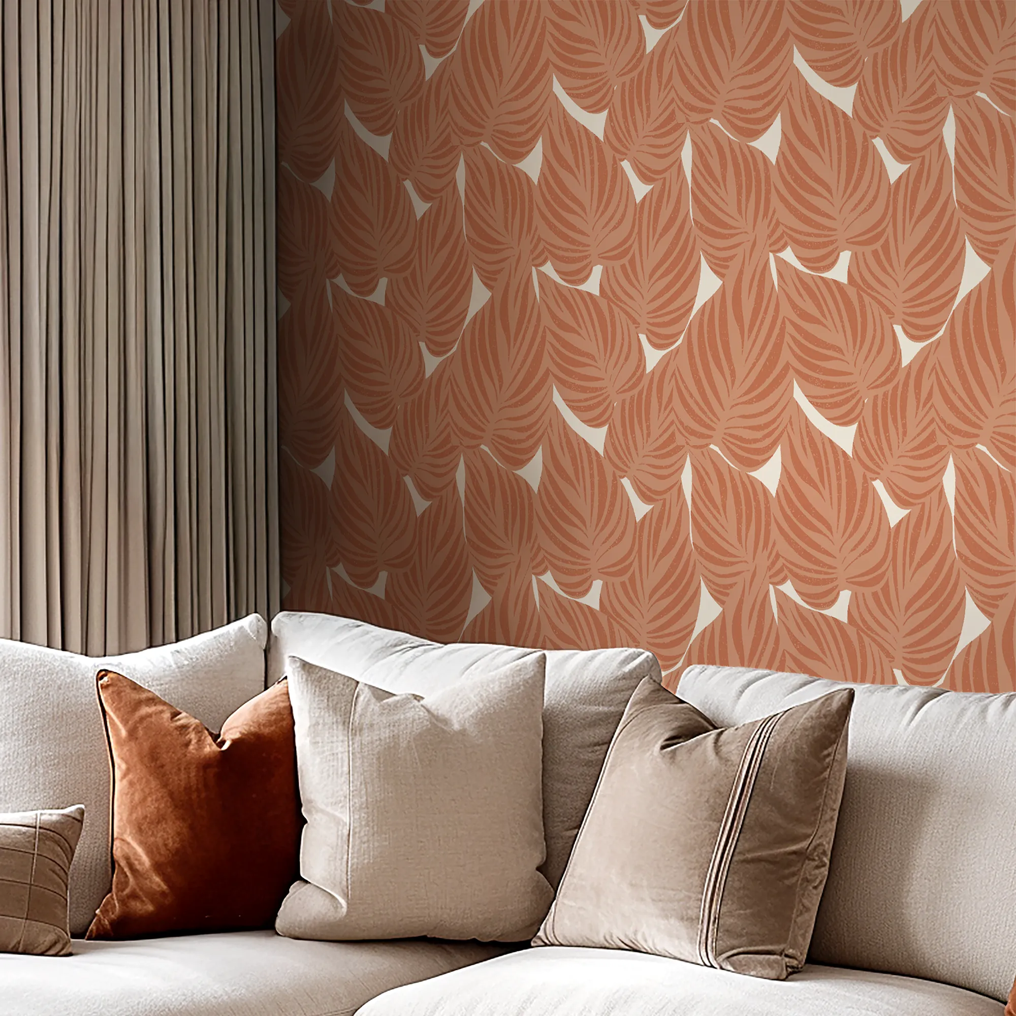 Broad Leaf Wallpaper in Terracotta on Cream
