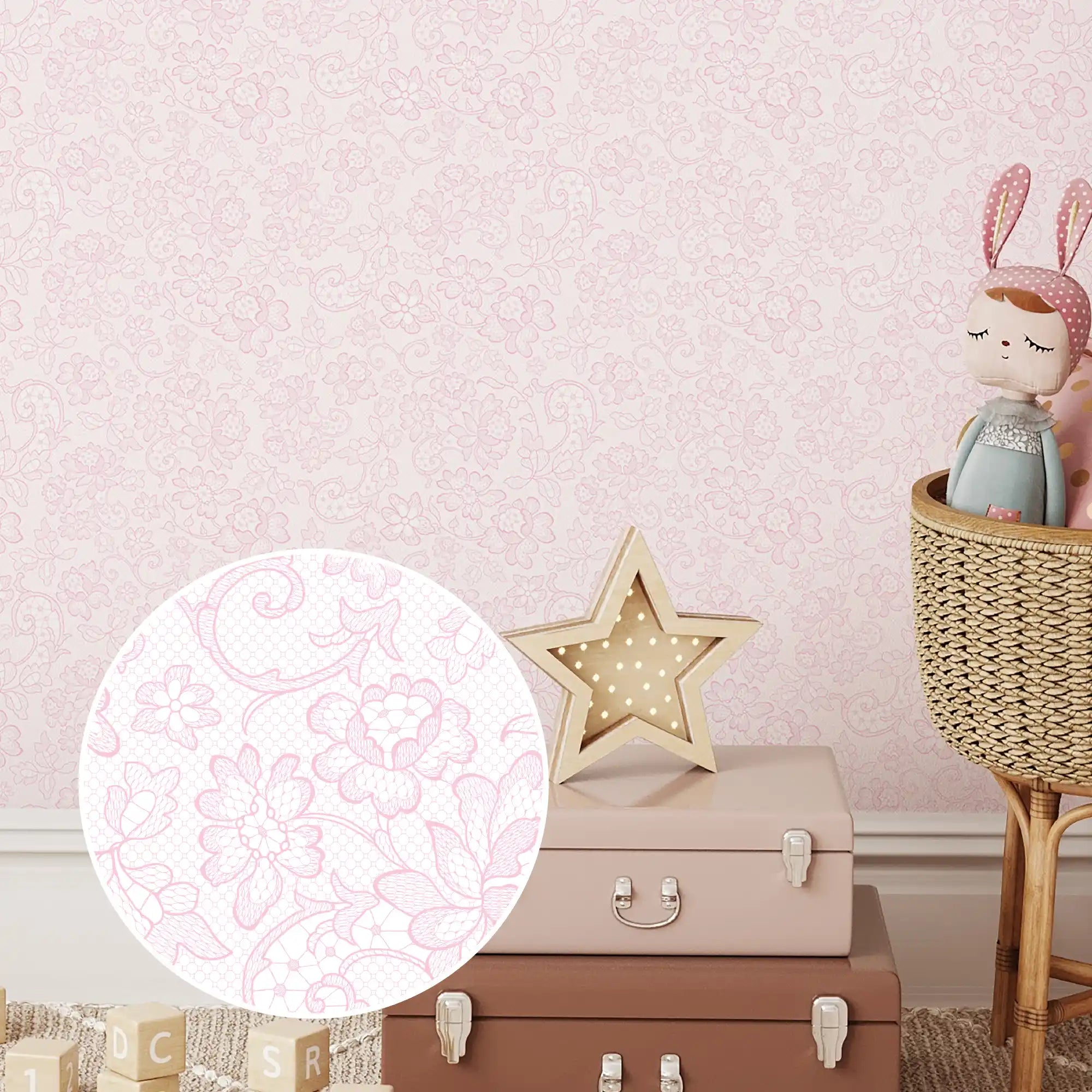 Brussels Lace Wallpaper in Pink