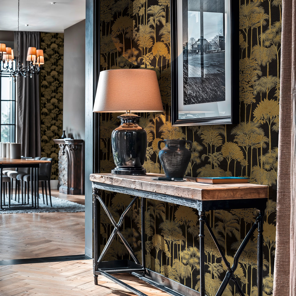 Canopy View Wallpaper in Gold on Charcoal