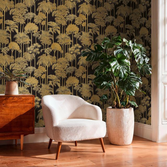 Canopy View Wallpaper in Gold on Charcoal