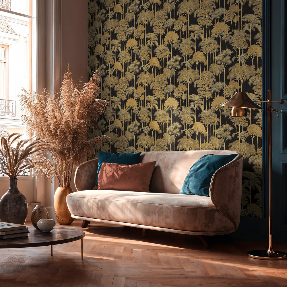 Canopy View Wallpaper in Gold on Charcoal