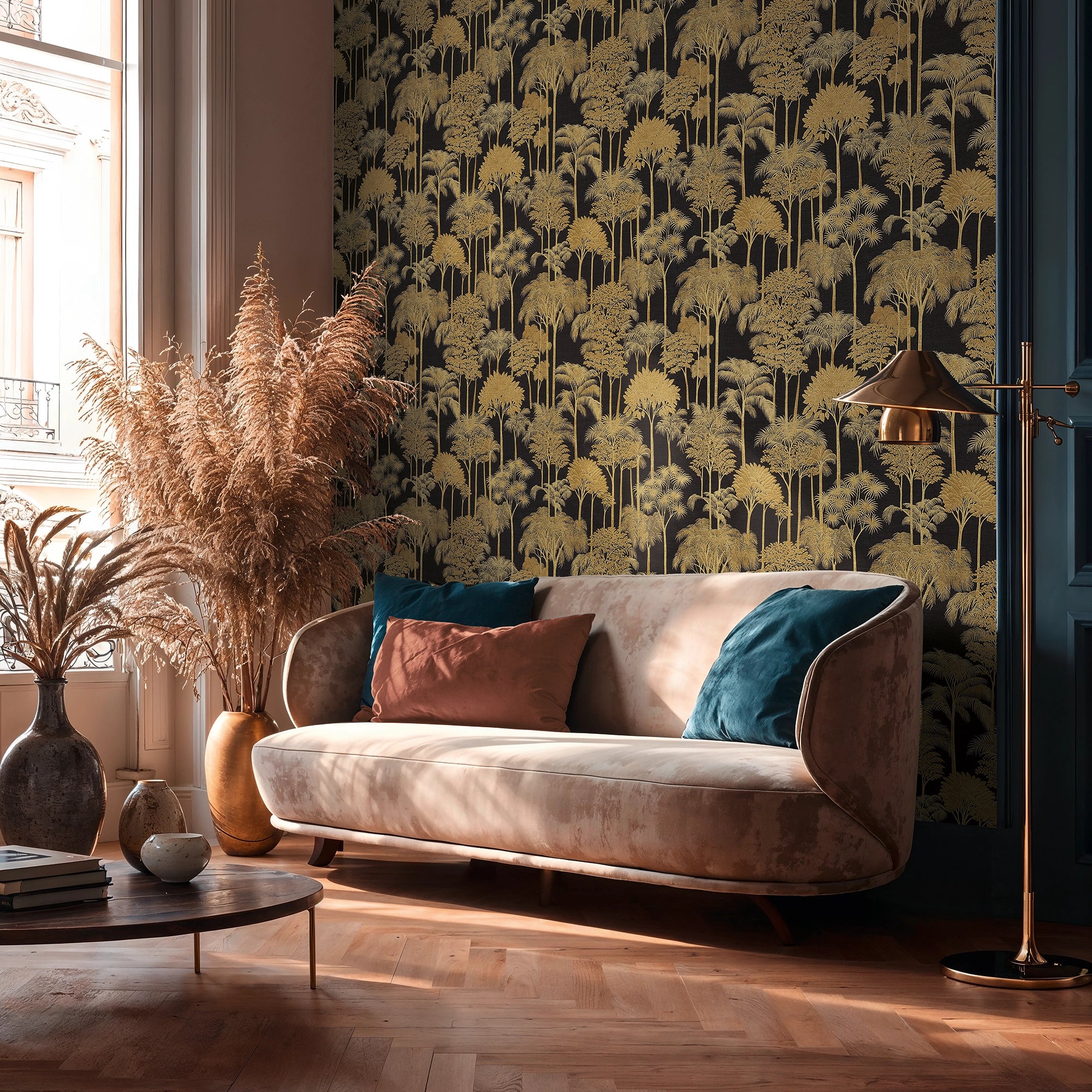 Canopy View Wallpaper in Gold on Charcoal