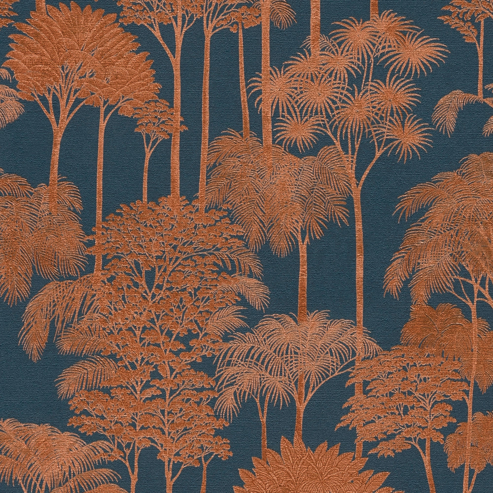Canopy View Wallpaper in Rose Gold on Petrol Blue