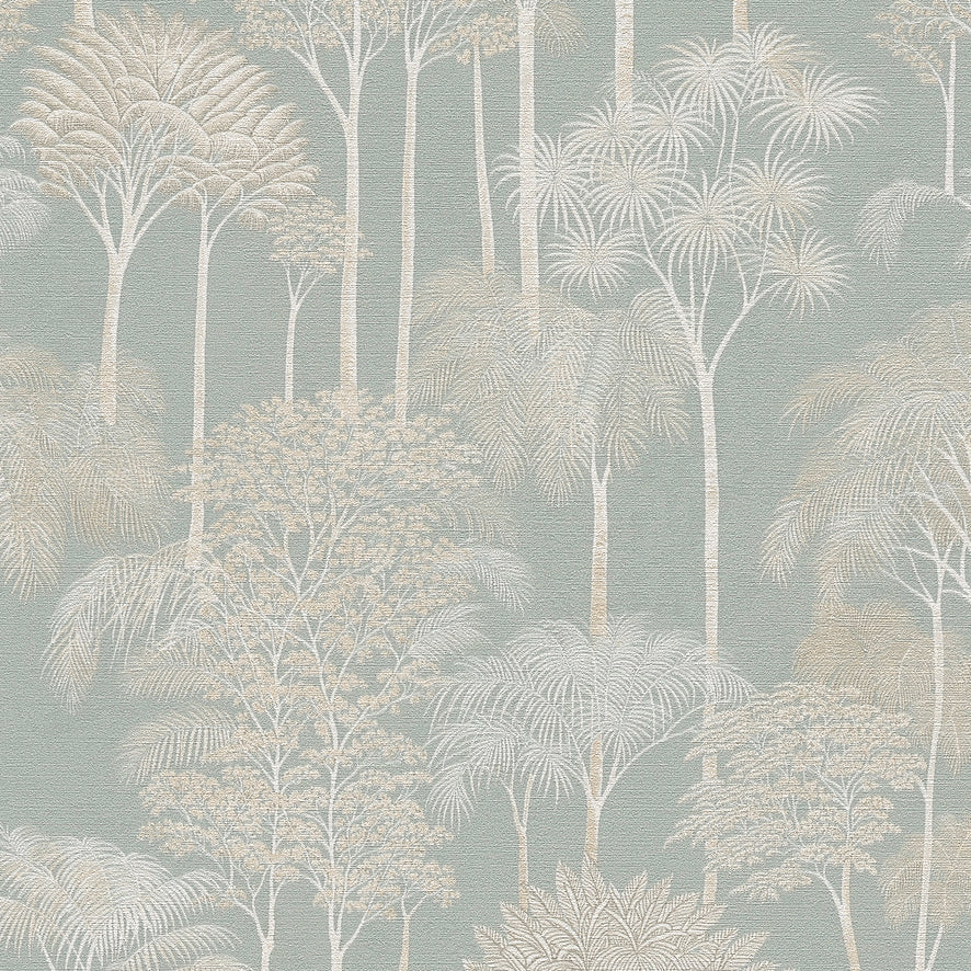 Canopy View Wallpaper in White and Gold on Blue