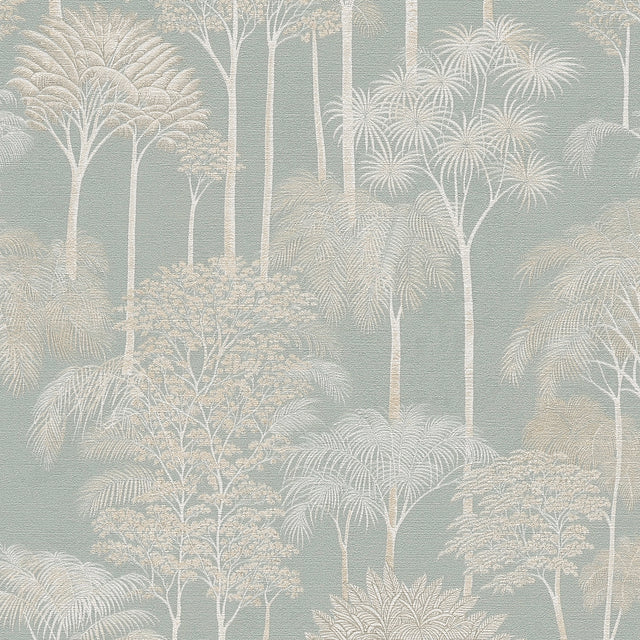 Canopy View Wallpaper in White and Gold on Blue