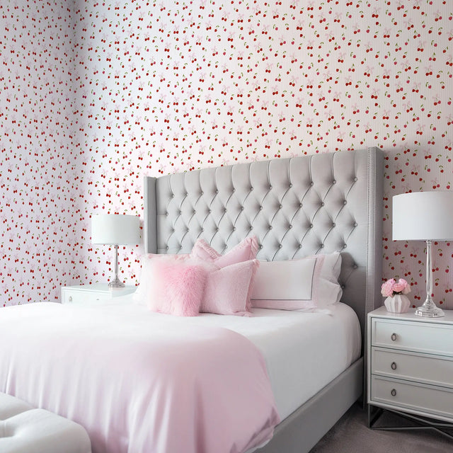 Cherry Stripe Kisses Wallpaper in Pink & Red