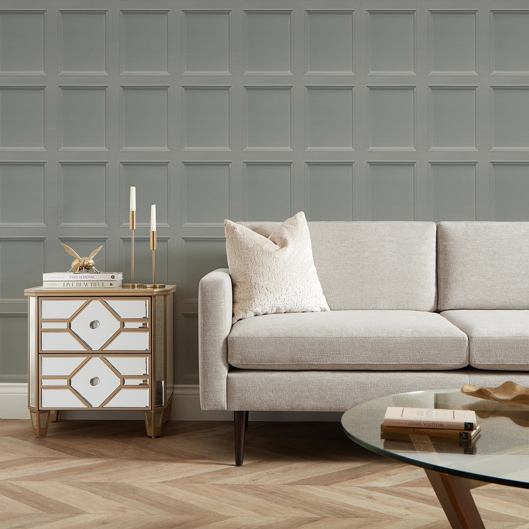 Classic Wood Panel Wallpaper in Soft Grey