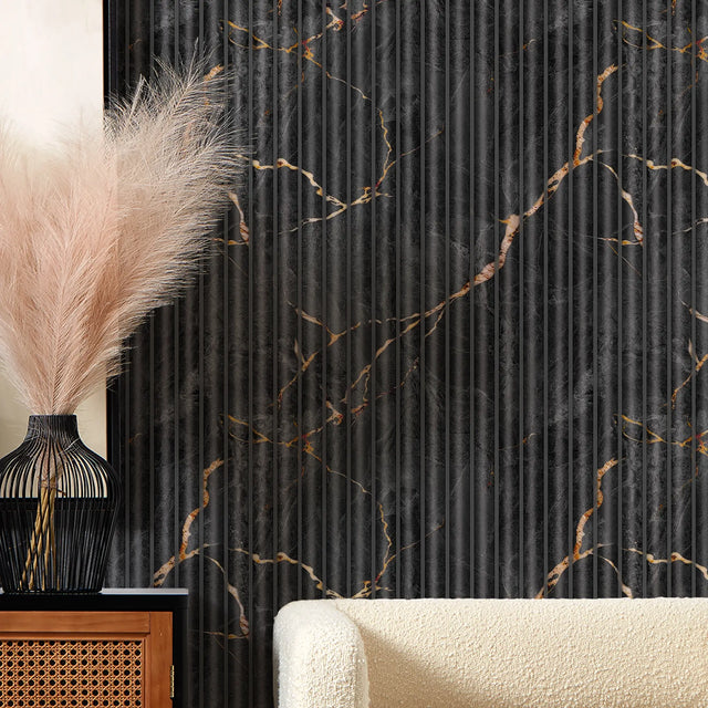 Fluted Marble Panel Wallpaper in Charcoal
