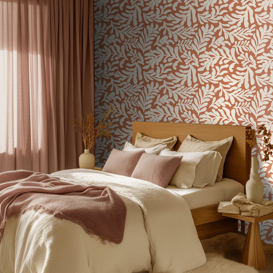 Coral Leaf Wallpaper in Cream on Terracotta