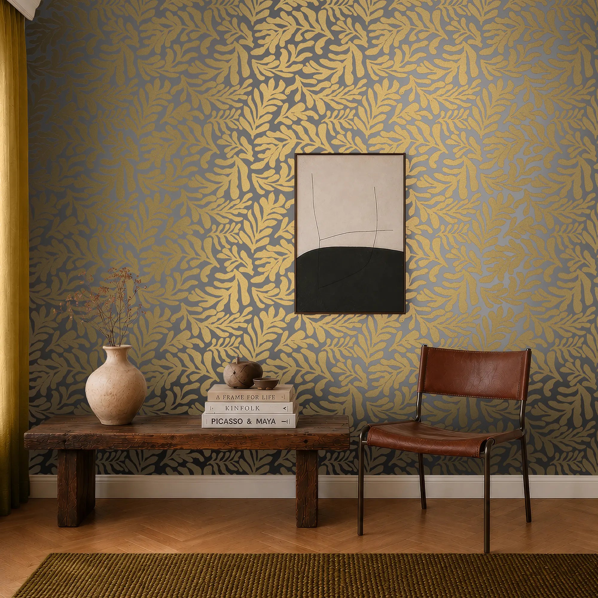 Coral Leaf Wallpaper in Almond with Gold Foil