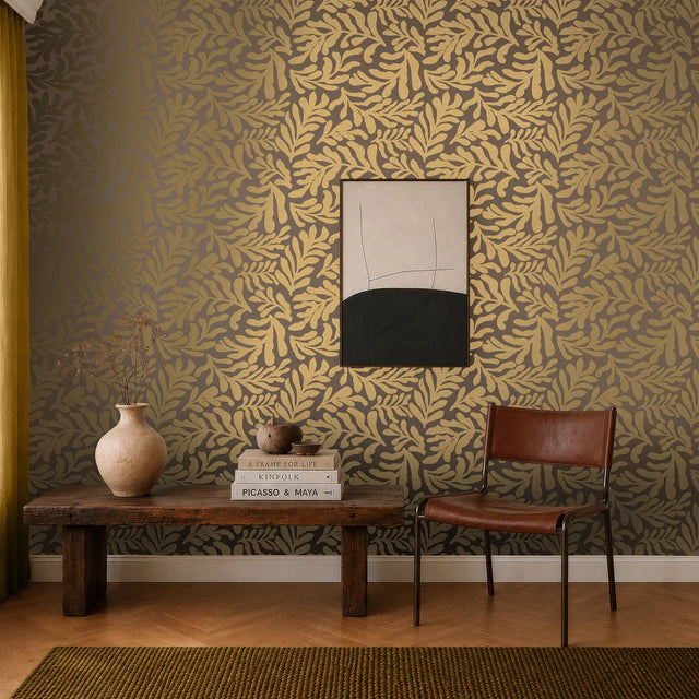 Coral Leaf Wallpaper in Almond with Gold Foil