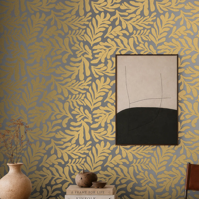 Coral Leaf Wallpaper in Almond with Gold Foil