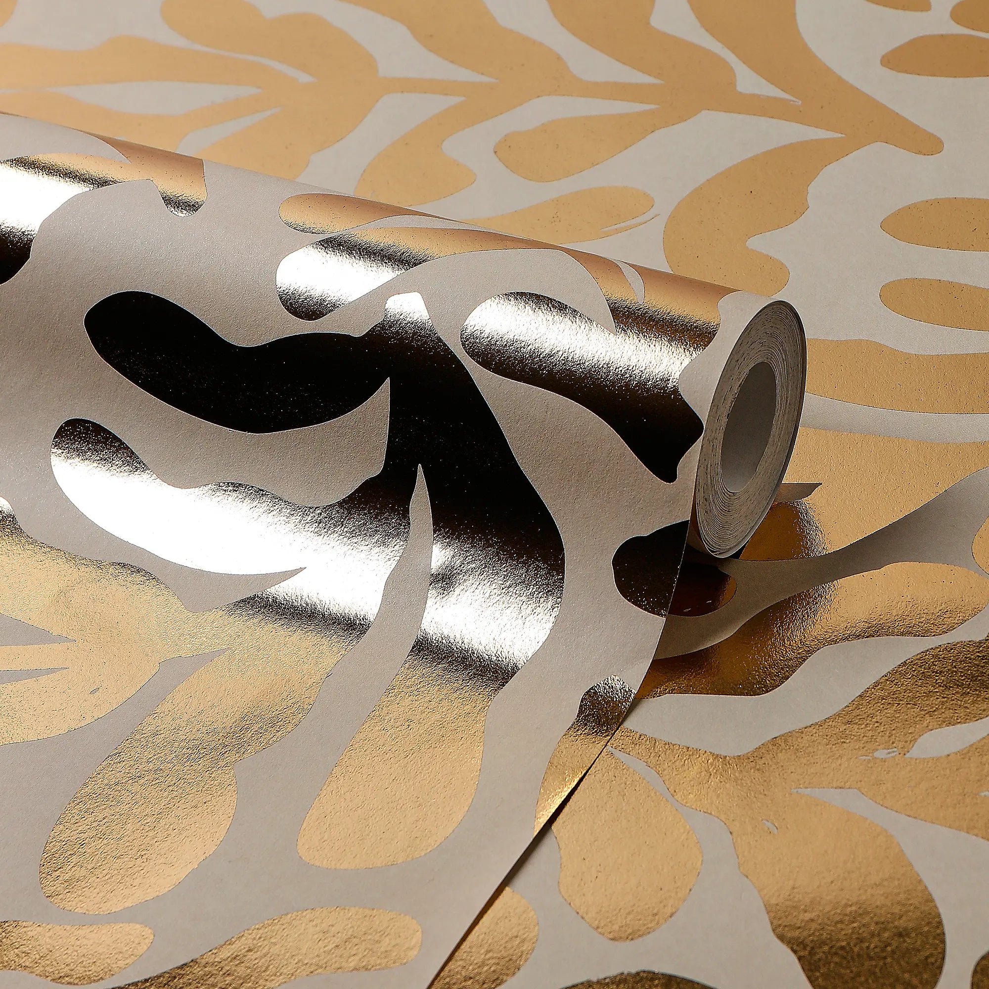 Coral Leaf Wallpaper in Beige with Gold Foil