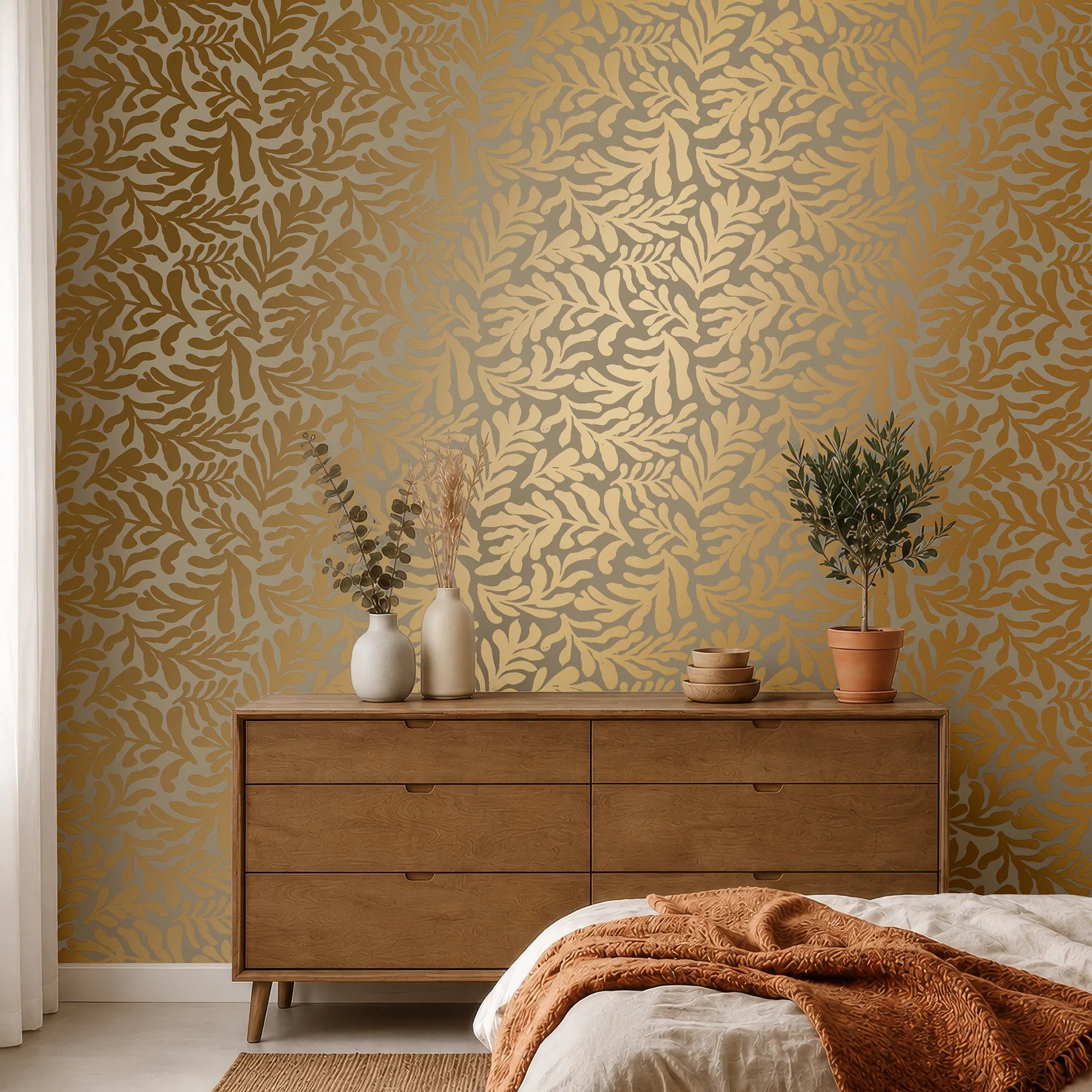 Coral Leaf Wallpaper in Beige with Gold Foil