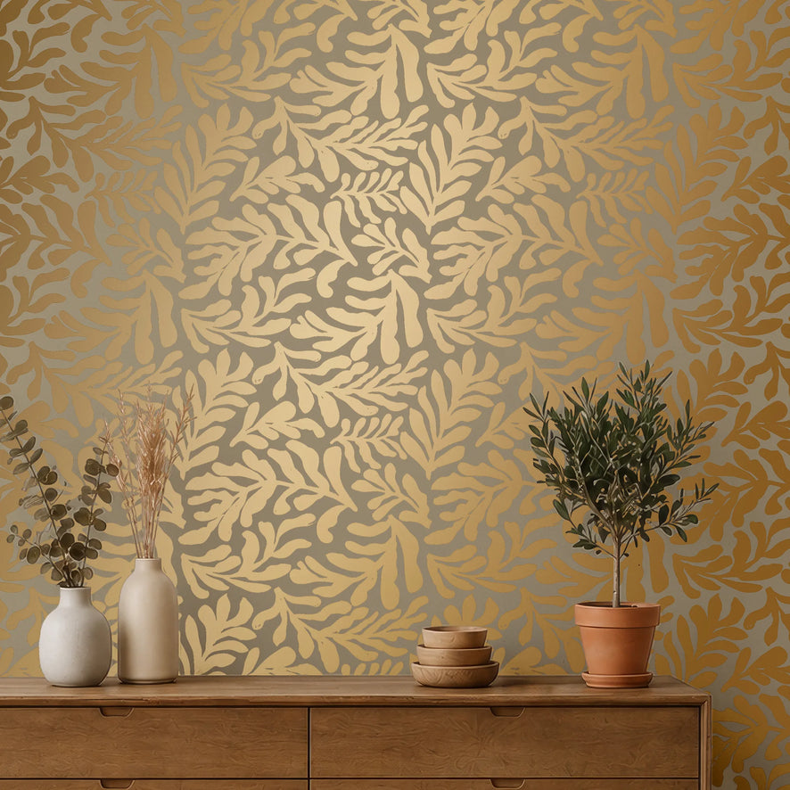 Coral Leaf Wallpaper in Beige with Gold Foil