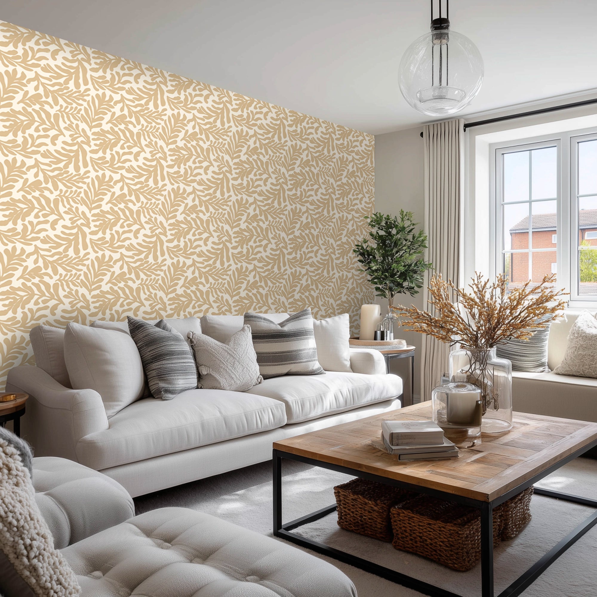 Coral Leaf Wallpaper in Caramel Latte