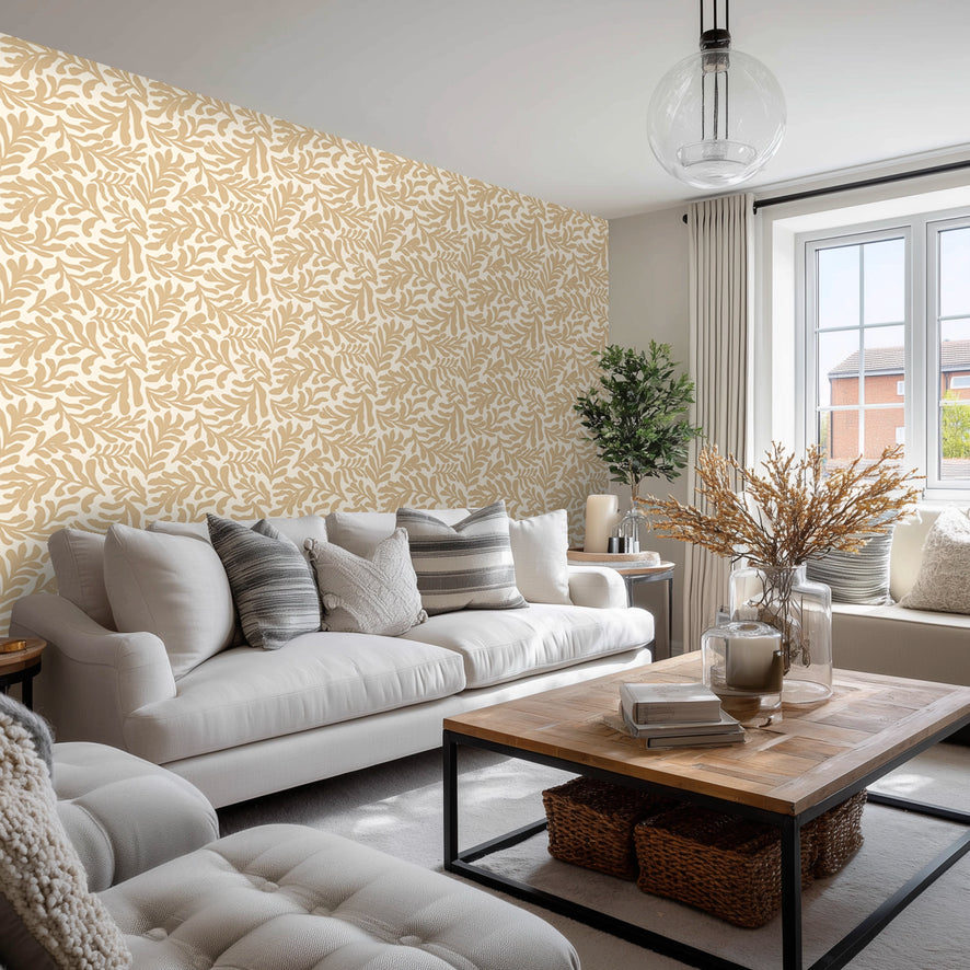 Coral Leaf Wallpaper in Caramel Latte