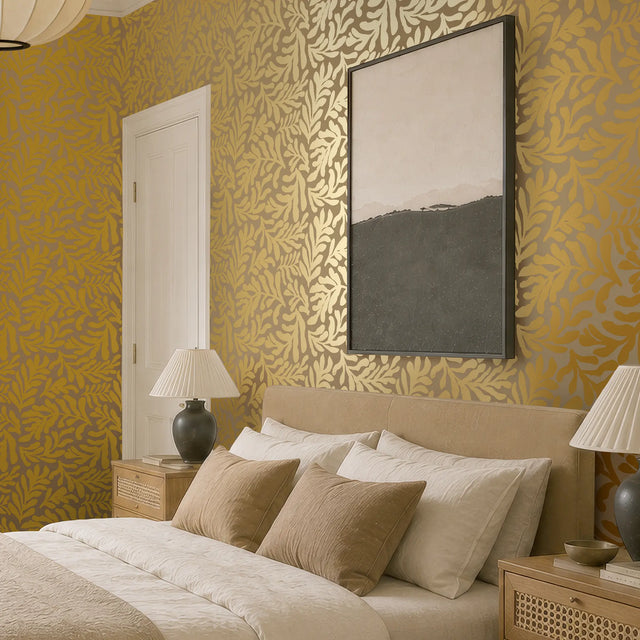 Coral Leaf Wallpaper in Caramel Latte with Gold Foil