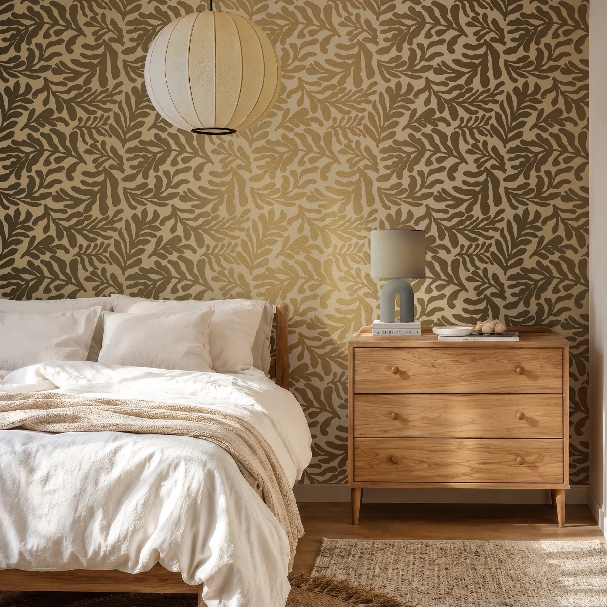 Coral Leaf Wallpaper in Caramel with Gold Foil