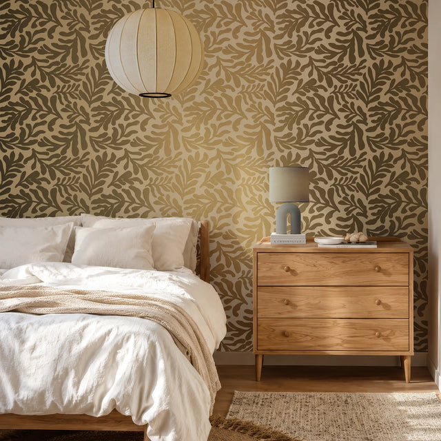 Coral Leaf Wallpaper in Caramel with Gold Foil