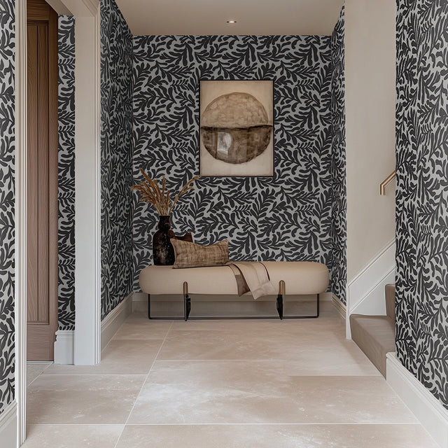 Coral Leaf Wallpaper in Charcoal on White