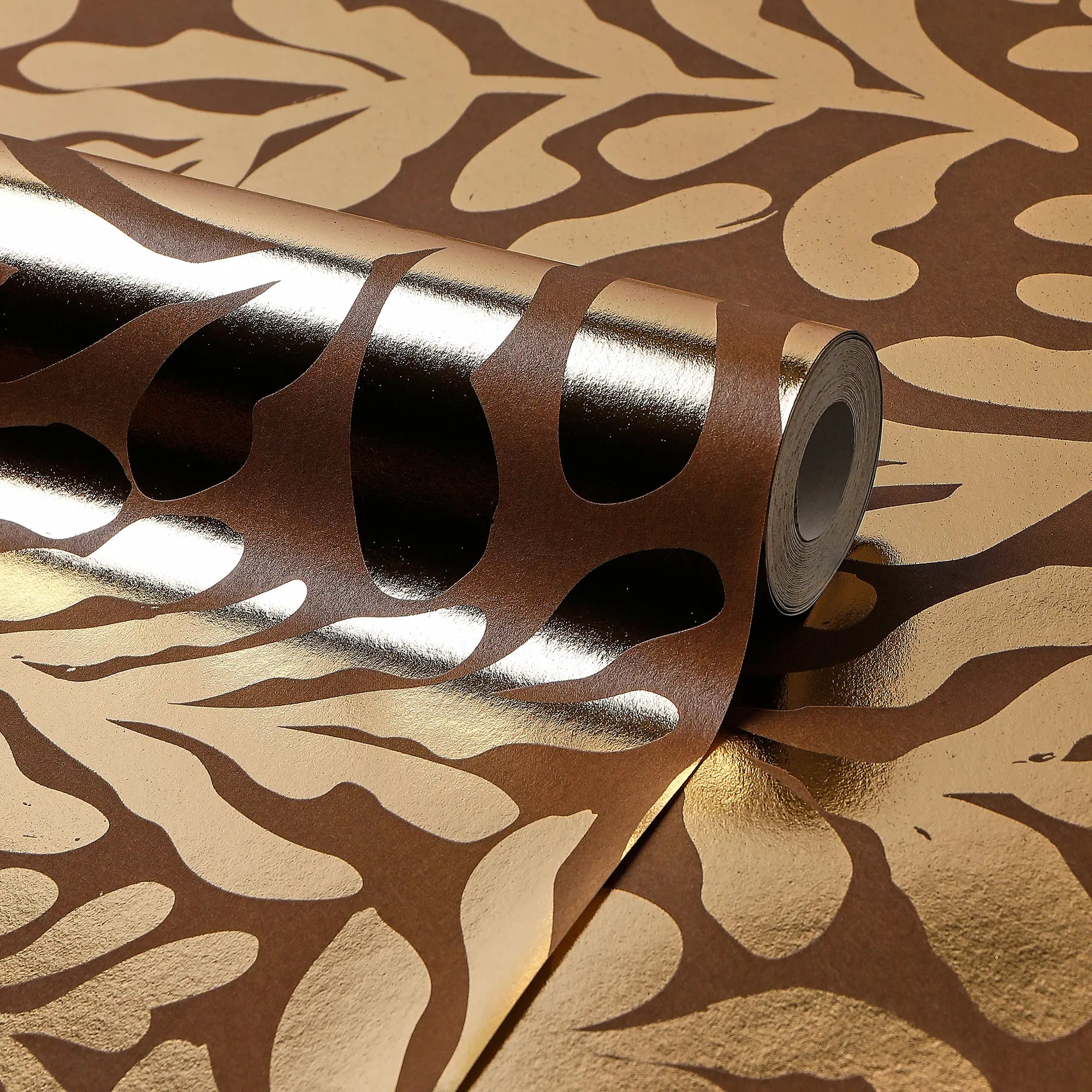 Coral Leaf Wallpaper in Chocolate with Gold Foil