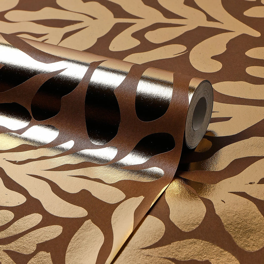 Coral Leaf Wallpaper in Chocolate with Gold Foil