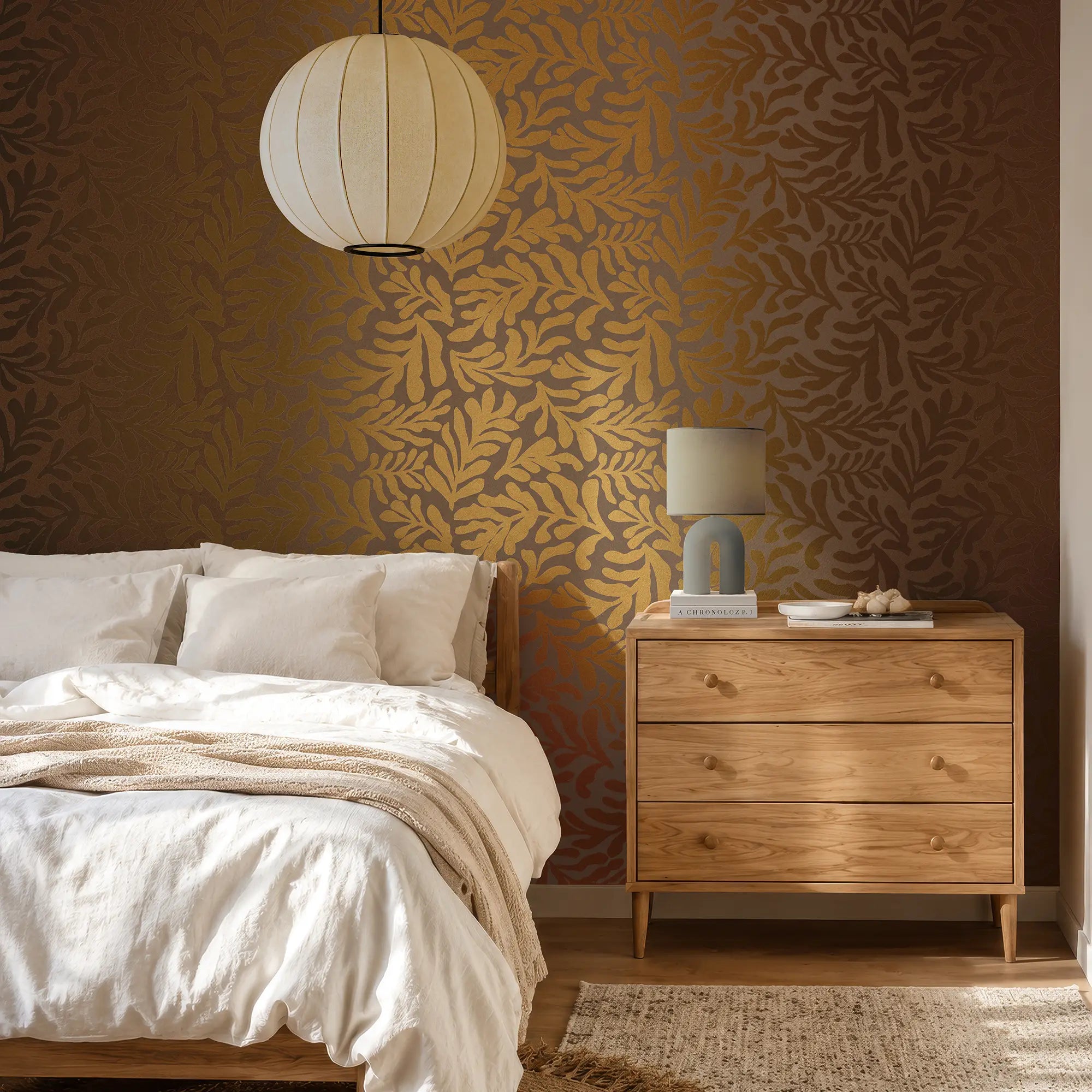 Coral Leaf Wallpaper in Chocolate with Gold Foil