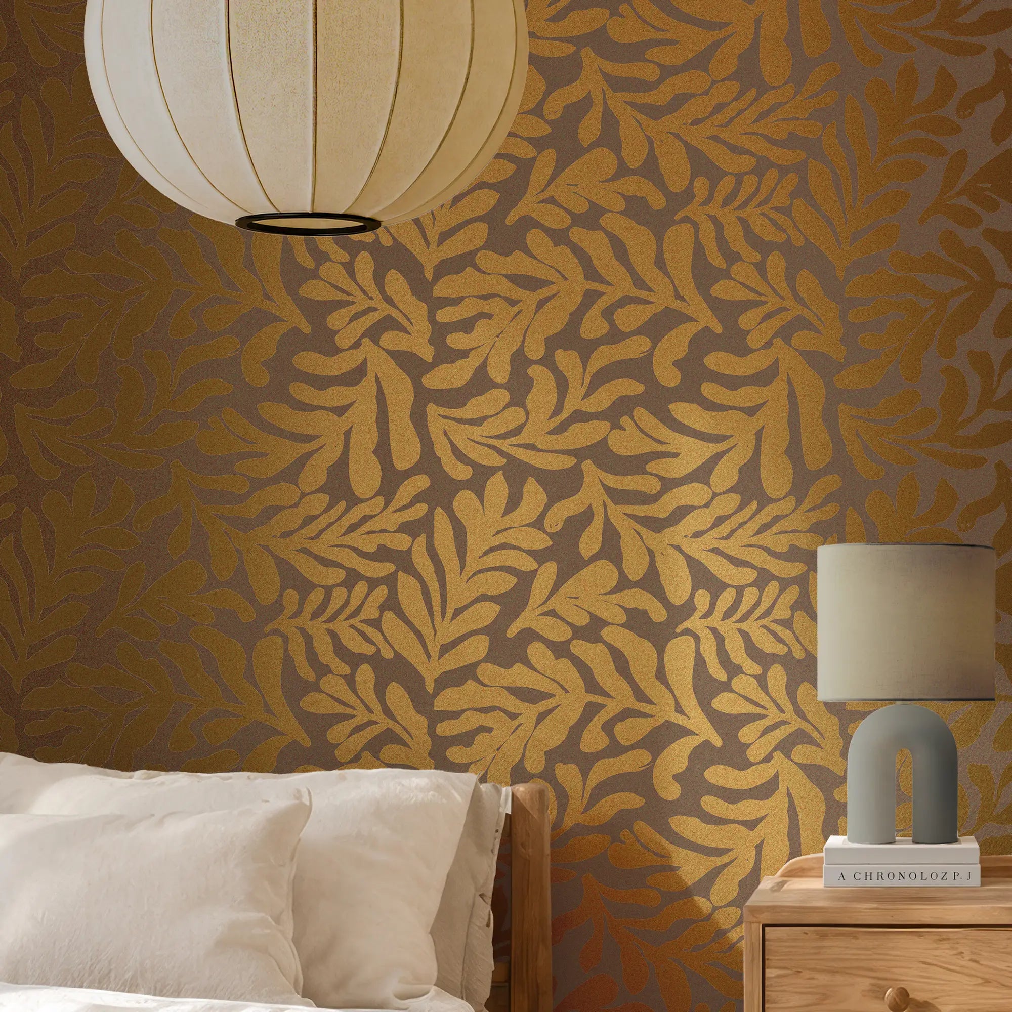 Coral Leaf Wallpaper in Chocolate with Gold Foil