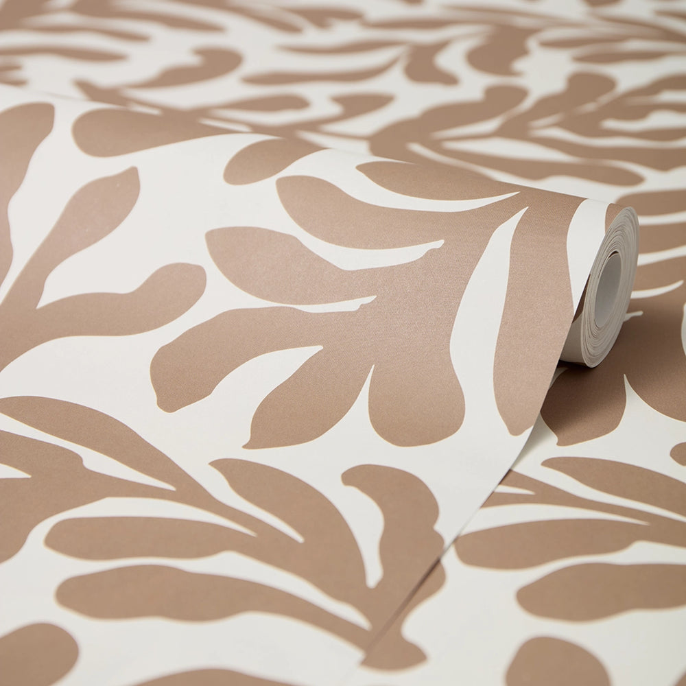 Coral Leaf Wallpaper in Coffee on Cream