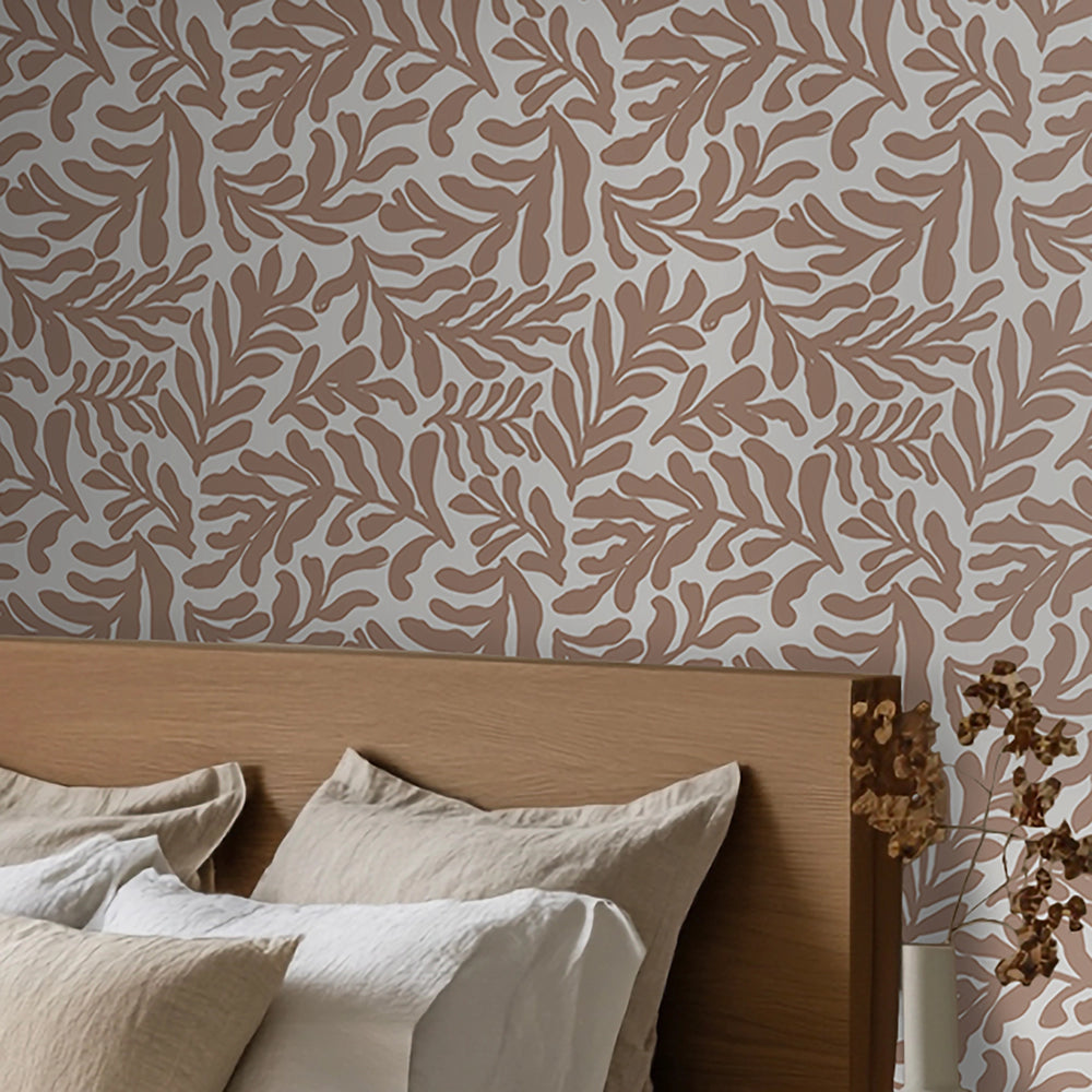 Coral Leaf Wallpaper in Coffee on Cream