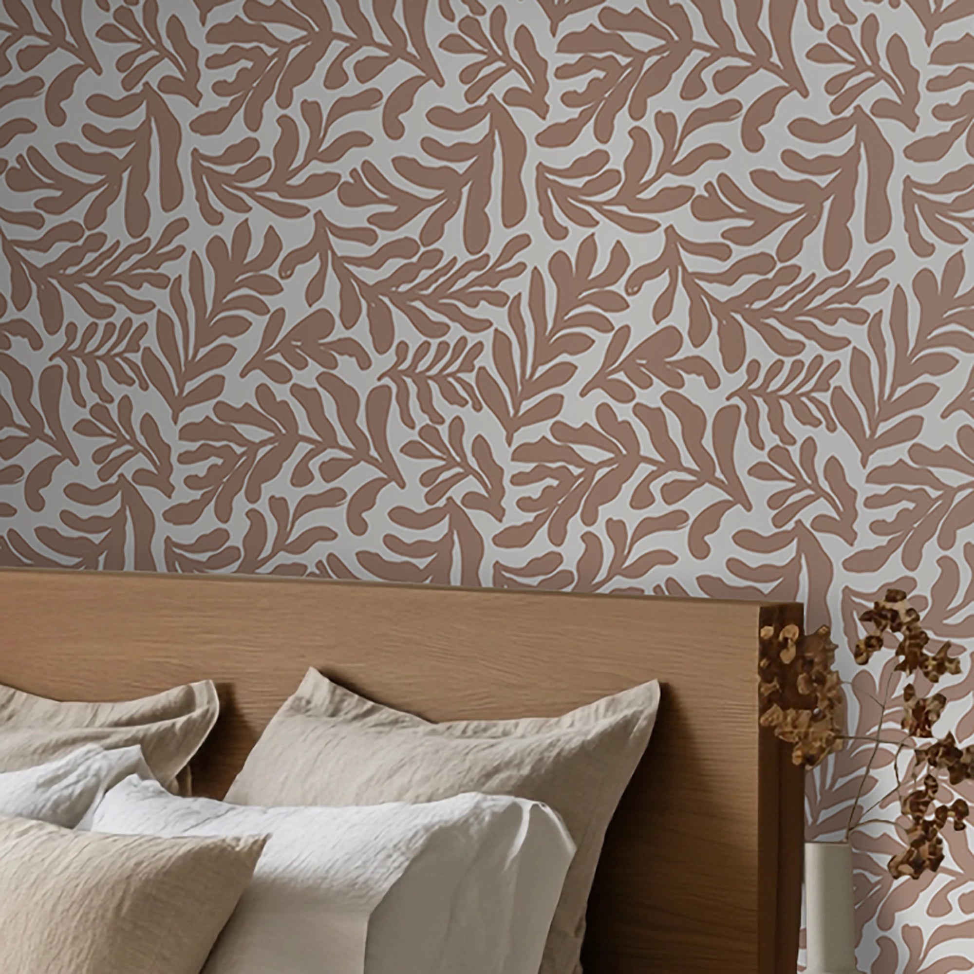 Coral Leaf Wallpaper in Coffee on Cream