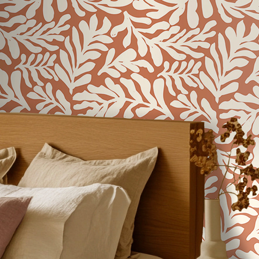 Coral Leaf Wallpaper in Cream on Terracotta