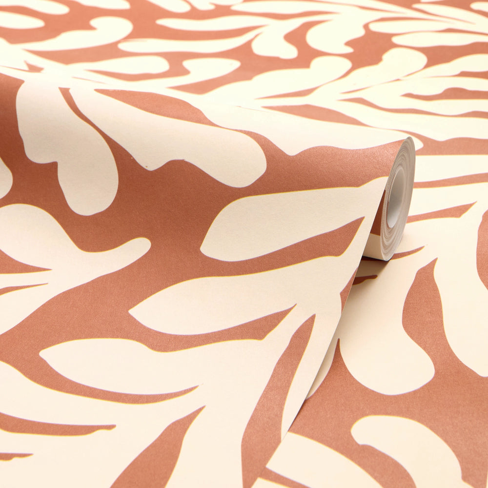 Coral Leaf Wallpaper in Cream on Terracotta