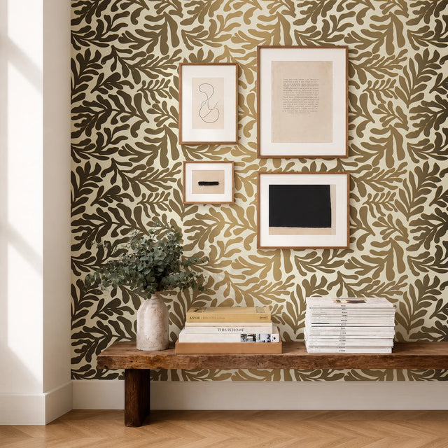 Coral Leaf Wallpaper in Cream with Gold Foil