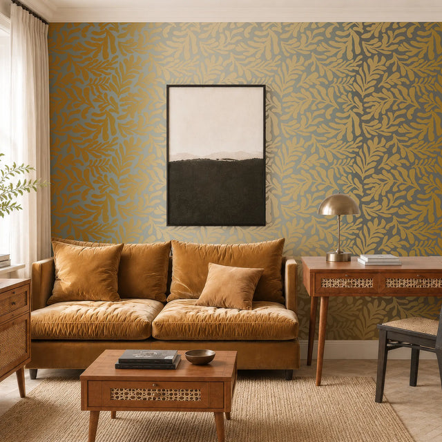 Coral Leaf Wallpaper in Grey with Gold Foil