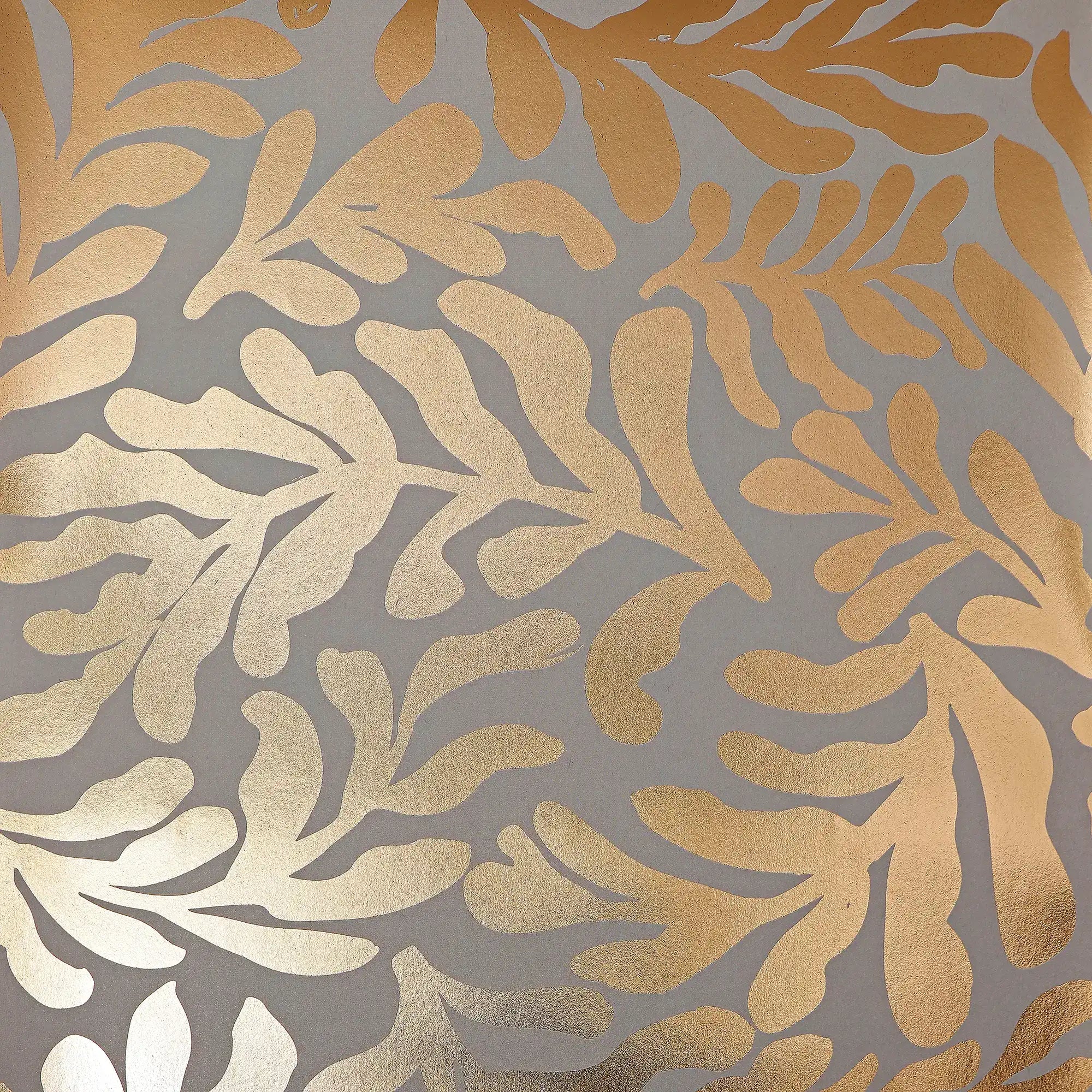 Coral Leaf Wallpaper in Grey with Gold Foil