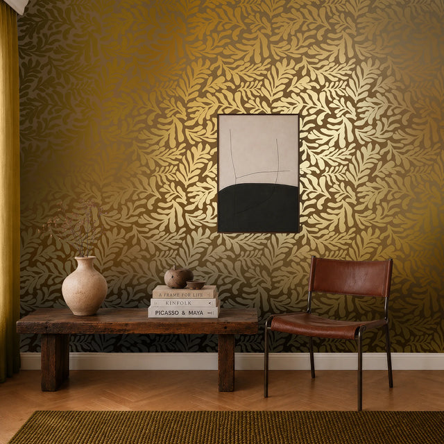 Coral Leaf Wallpaper in Mocha with Gold Foil