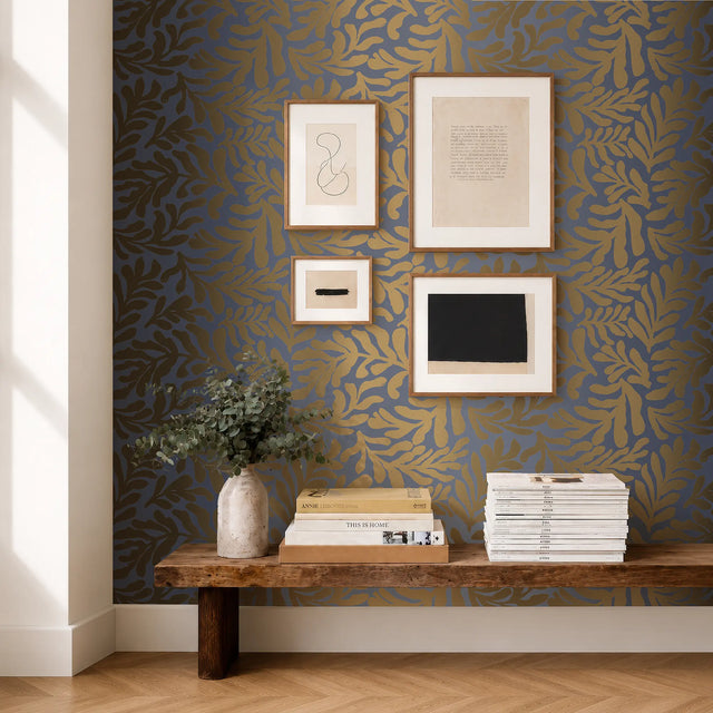 Coral Leaf Wallpaper in Navy with Gold Foil