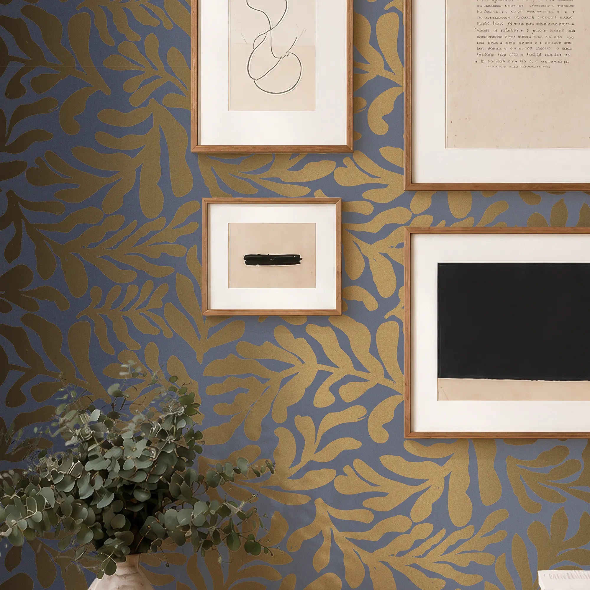 Coral Leaf Wallpaper in Navy with Gold Foil