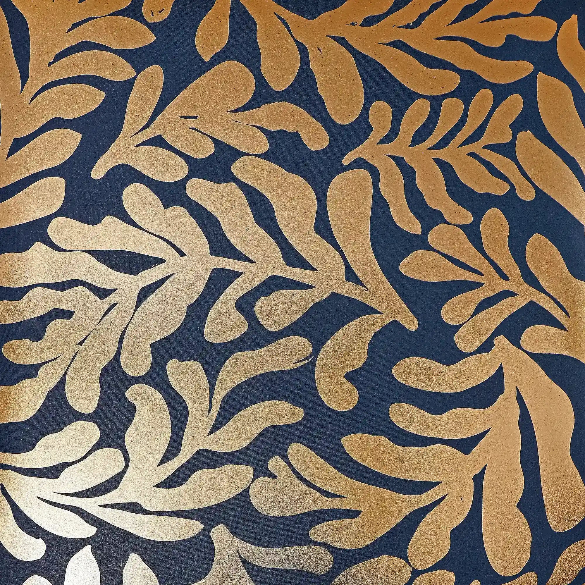 Coral Leaf Wallpaper in Navy with Gold Foil
