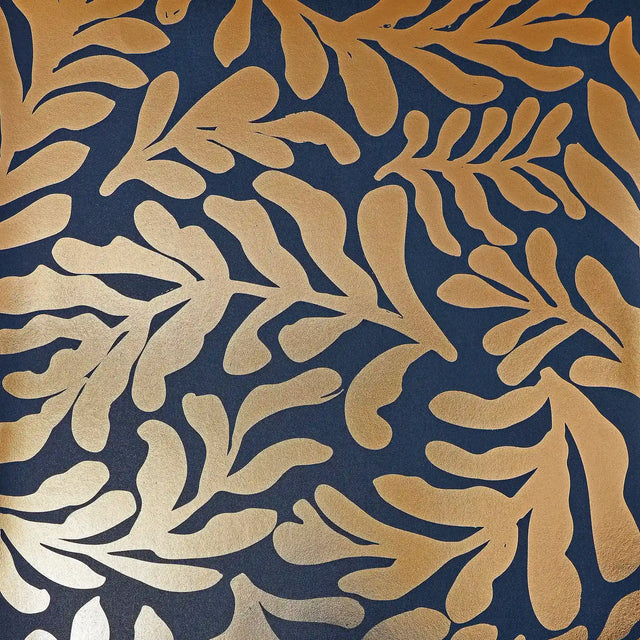 Coral Leaf Wallpaper in Navy with Gold Foil