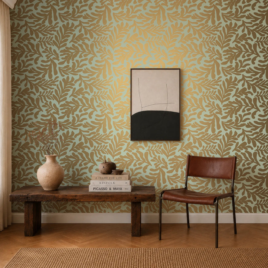 Coral Leaf Wallpaper in Pale Green with Gold Foil