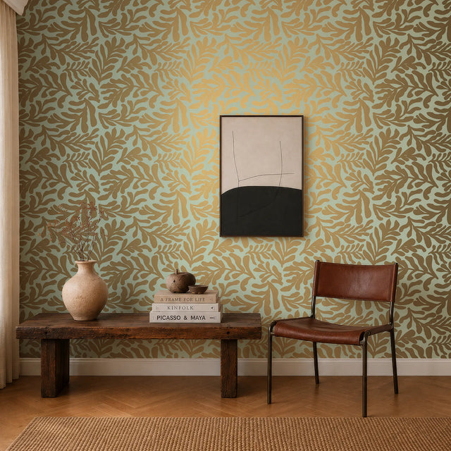 Coral Leaf Wallpaper in Pale Green with Gold Foil