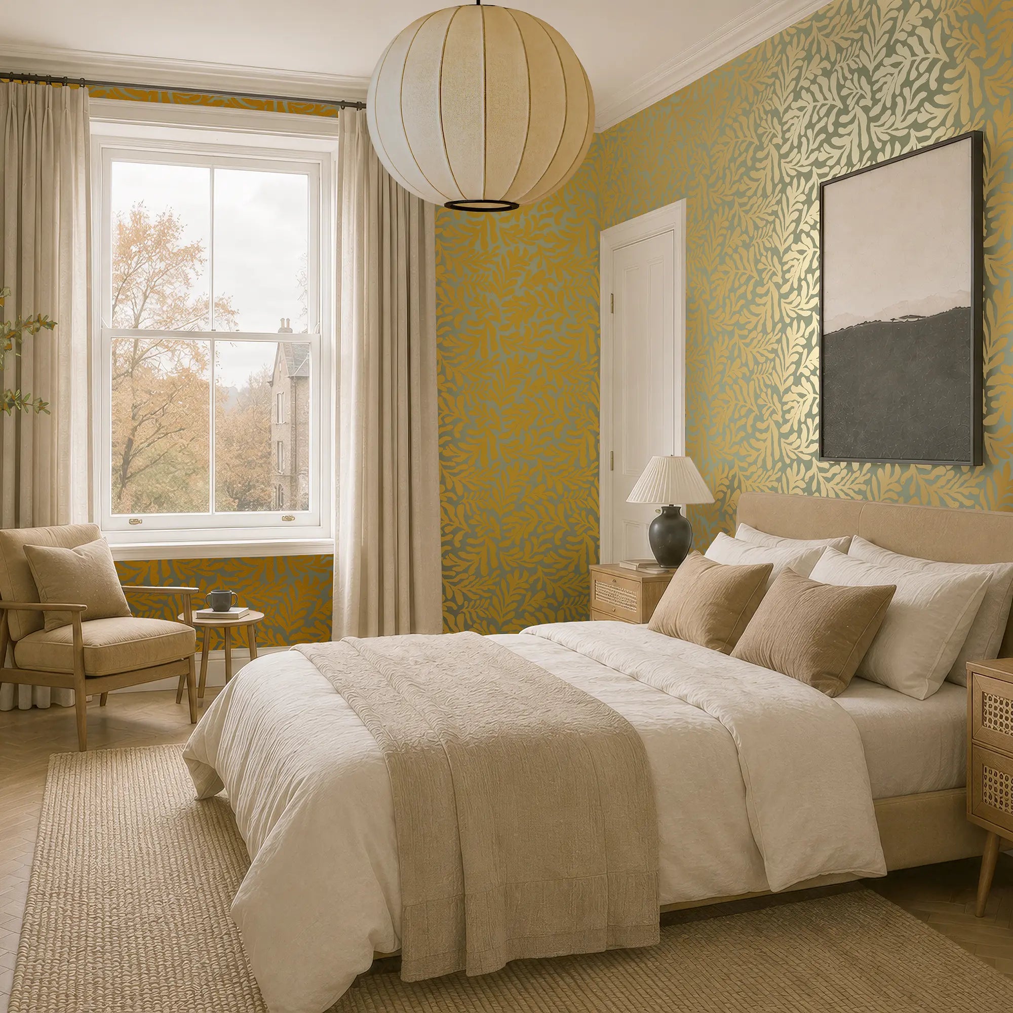 Coral Leaf Wallpaper in Sage Green with Gold Foil