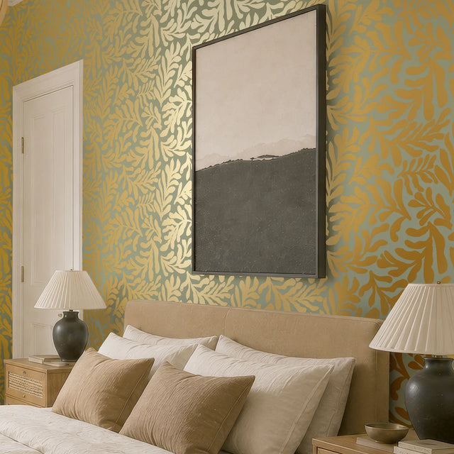 Coral Leaf Wallpaper in Sage Green with Gold Foil