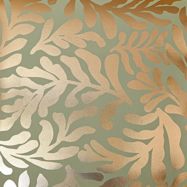Coral Leaf Wallpaper in Sage Green with Gold Foil